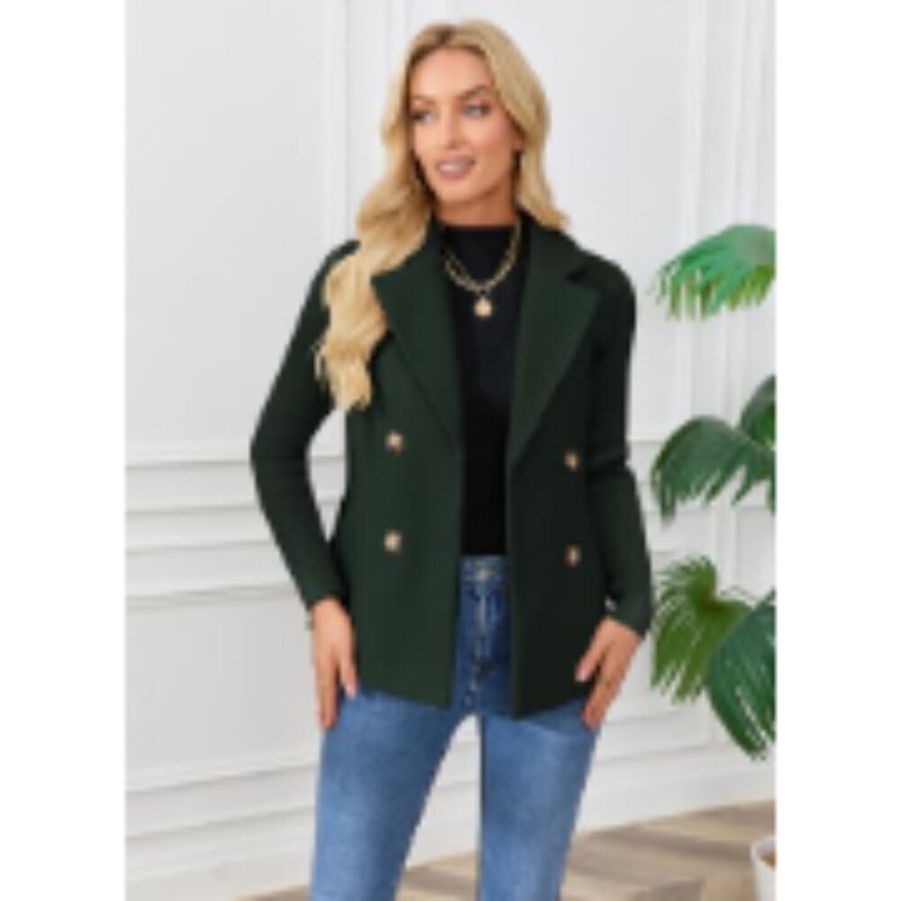 Double Breasted Wool Pea Coat Notched Lapel Ribbed Knit Sleeves Blazer - Picture 4 of 7